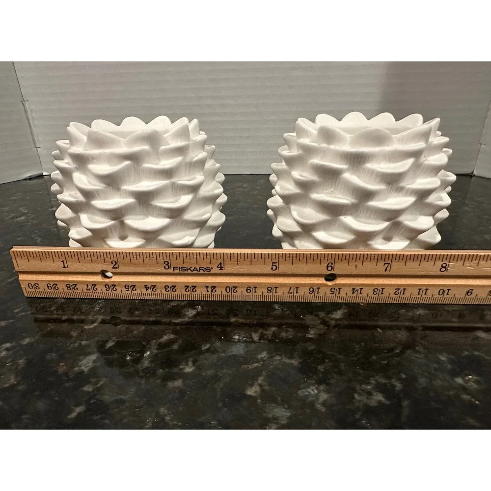 2 White Ceramic Pinecone Shaped Votive Holders
